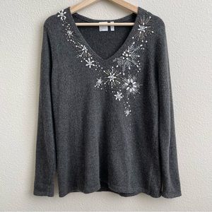J. JILL Grey Yak Hair Beaded Sequin Holiday Snowflake V Neck Pullover Sweater